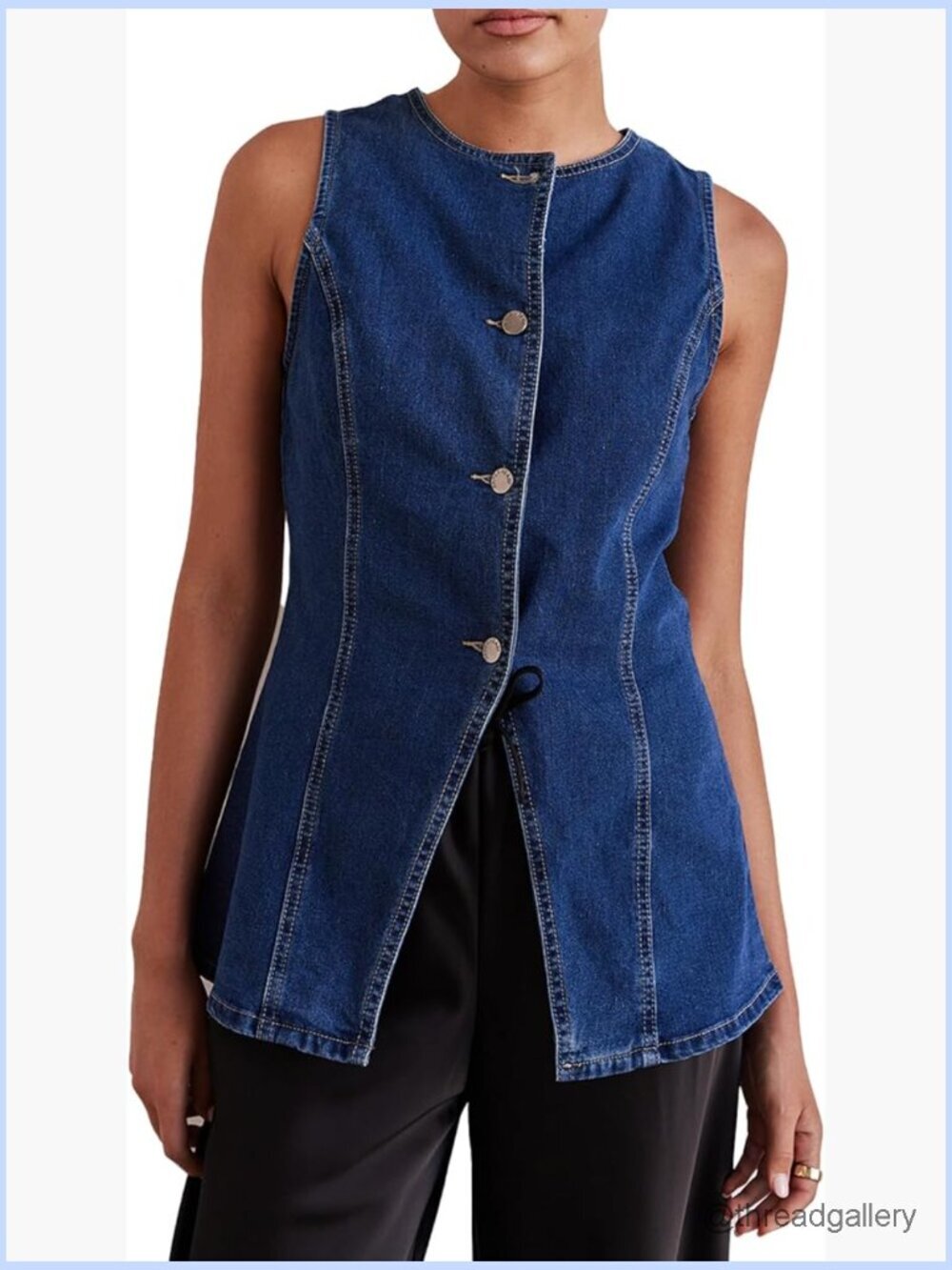 Sleeveless Denim Vest, Button-Up, Flared Hem, Long Vest for Women